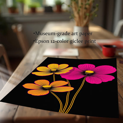 Detail shot of the neon floral art print, highlighting print quality and materials: Museum-grade art paper and Epson 12-color giclee print.