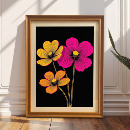 Styled image of the neon floral print in an Orange/Gold frame, propped on a wooden floor against a white panelled wall. The bright art contrasts with the neutral background.