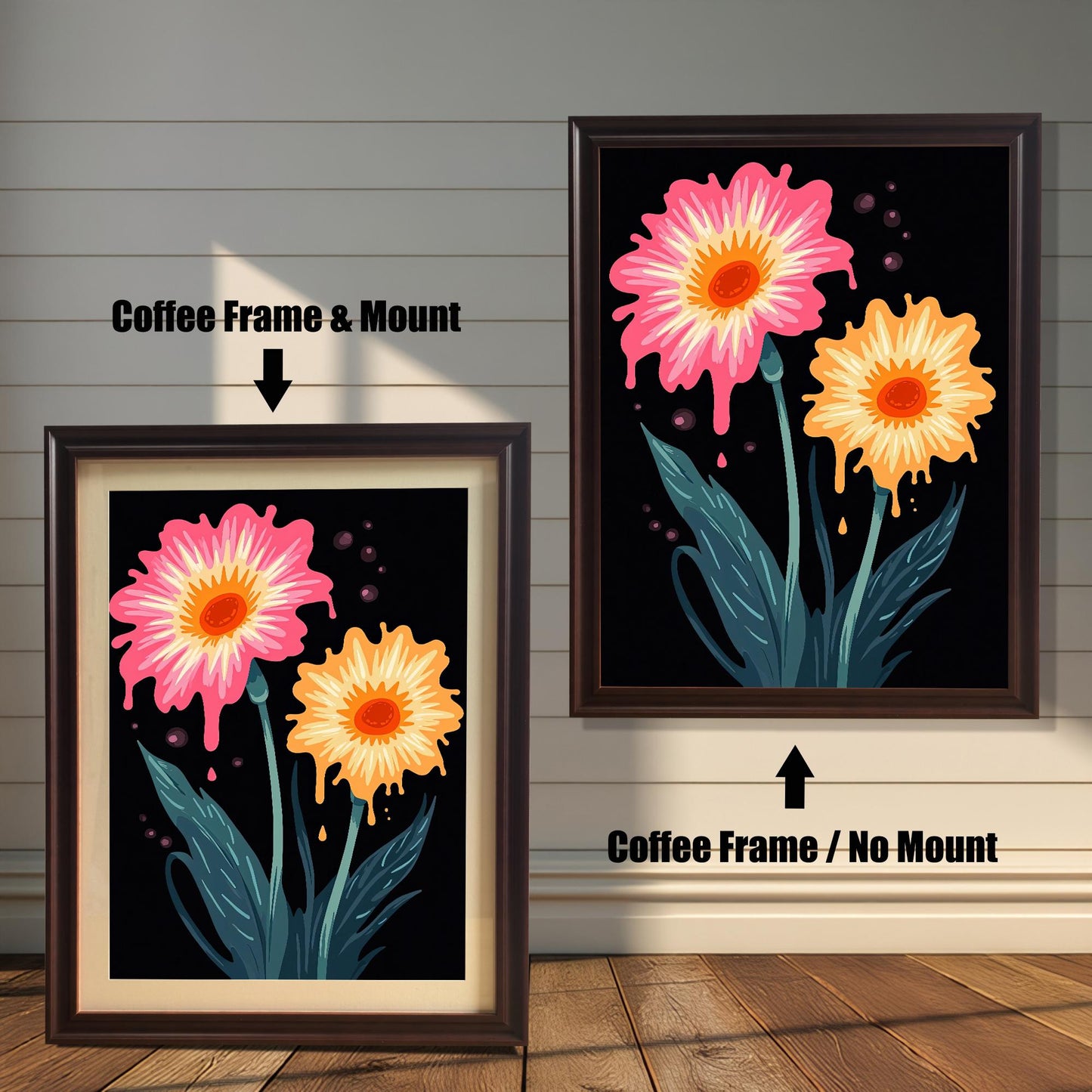 Pop art style floral print in a Coffee colored wood frame with a mount/mat (left) and without a mount/mat (right). The print features a melting pink and a dripping orange flower on a black background.