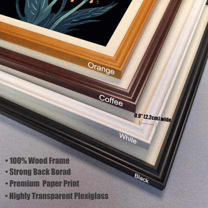 Close-up of the four wood frame colors available: Orange, Coffee, White, and Black. The image lists product features: 100% Wood Frame, Strong Back Board, Premium Paper Print, Highly Transparent Plexiglass.