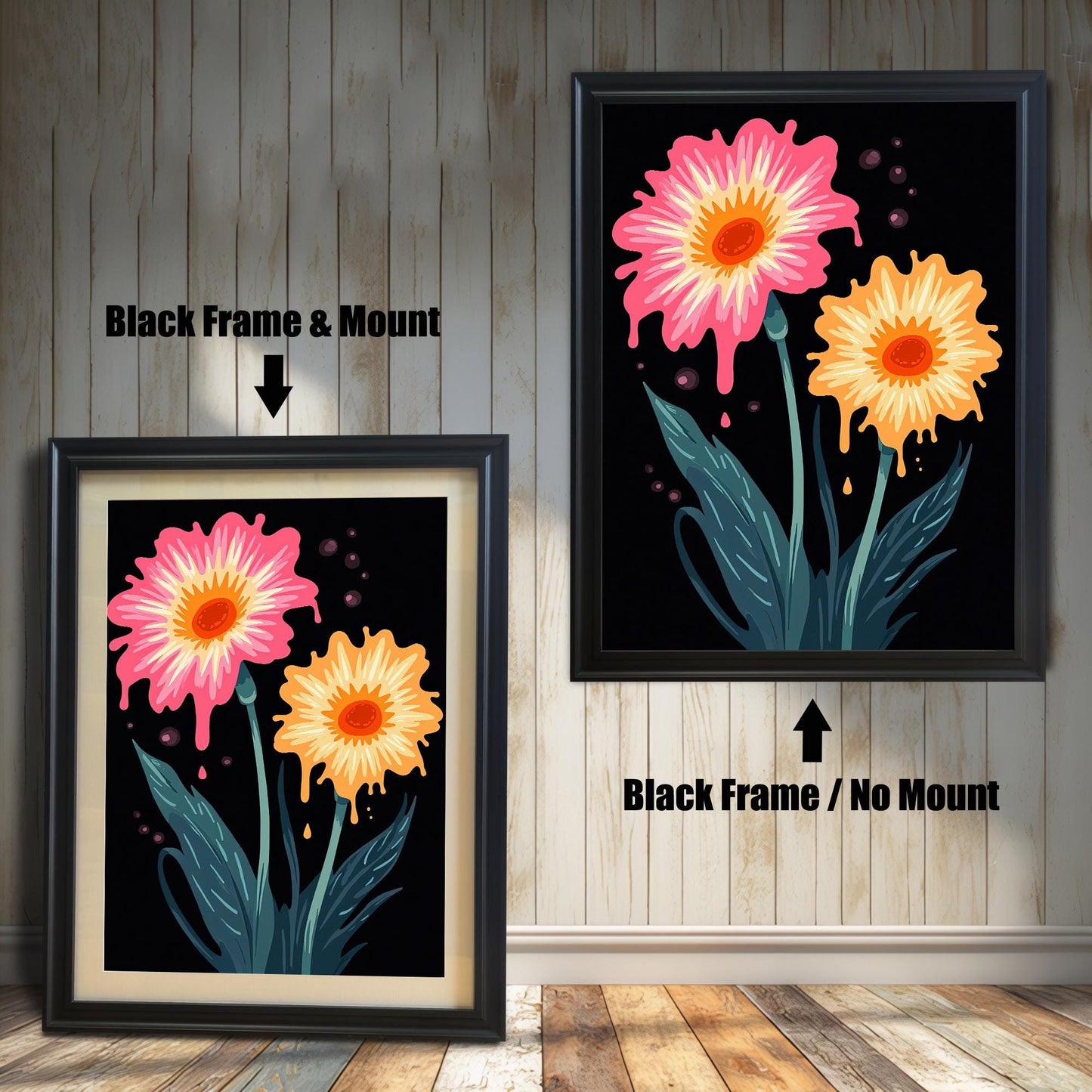 Pop art style floral print in a Black colored wood frame with a mount/mat (left) and without a mount/mat (right). The print features a fun, surreal melting flower design.