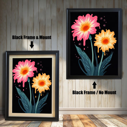 Pop art style floral print in a Black colored wood frame with a mount/mat (left) and without a mount/mat (right). The print features a fun, surreal melting flower design.