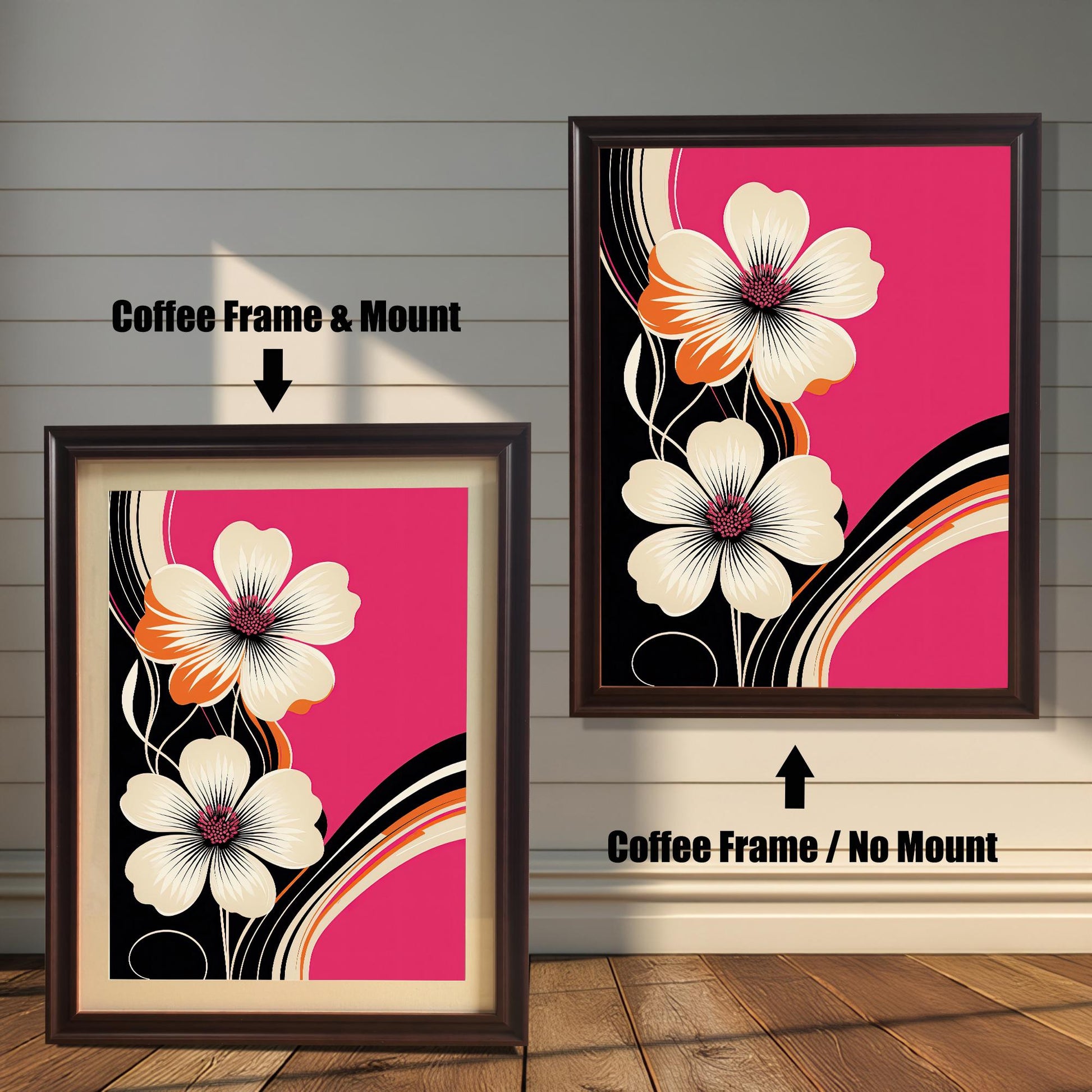 Modern floral art print in a Coffee colored wood frame with a mount/mat (left) and without a mount/mat (right). The print features ivory and orange flowers against a bold fuchsia pink and black background.