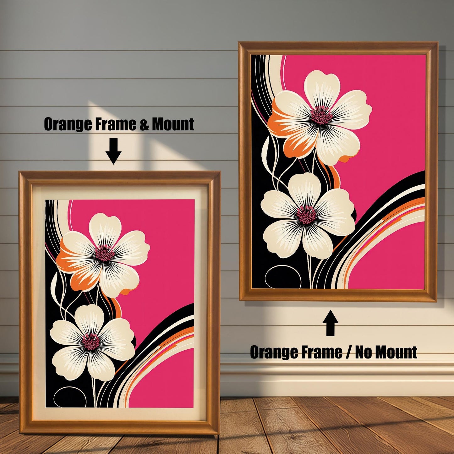 Modern floral art print in an Orange colored wood frame with a mount/mat (left) and without a mount/mat (right). The bold print uses fuchsia pink, ivory, black, and orange colors.