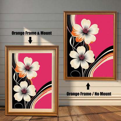 Modern floral art print in an Orange colored wood frame with a mount/mat (left) and without a mount/mat (right). The bold print uses fuchsia pink, ivory, black, and orange colors.