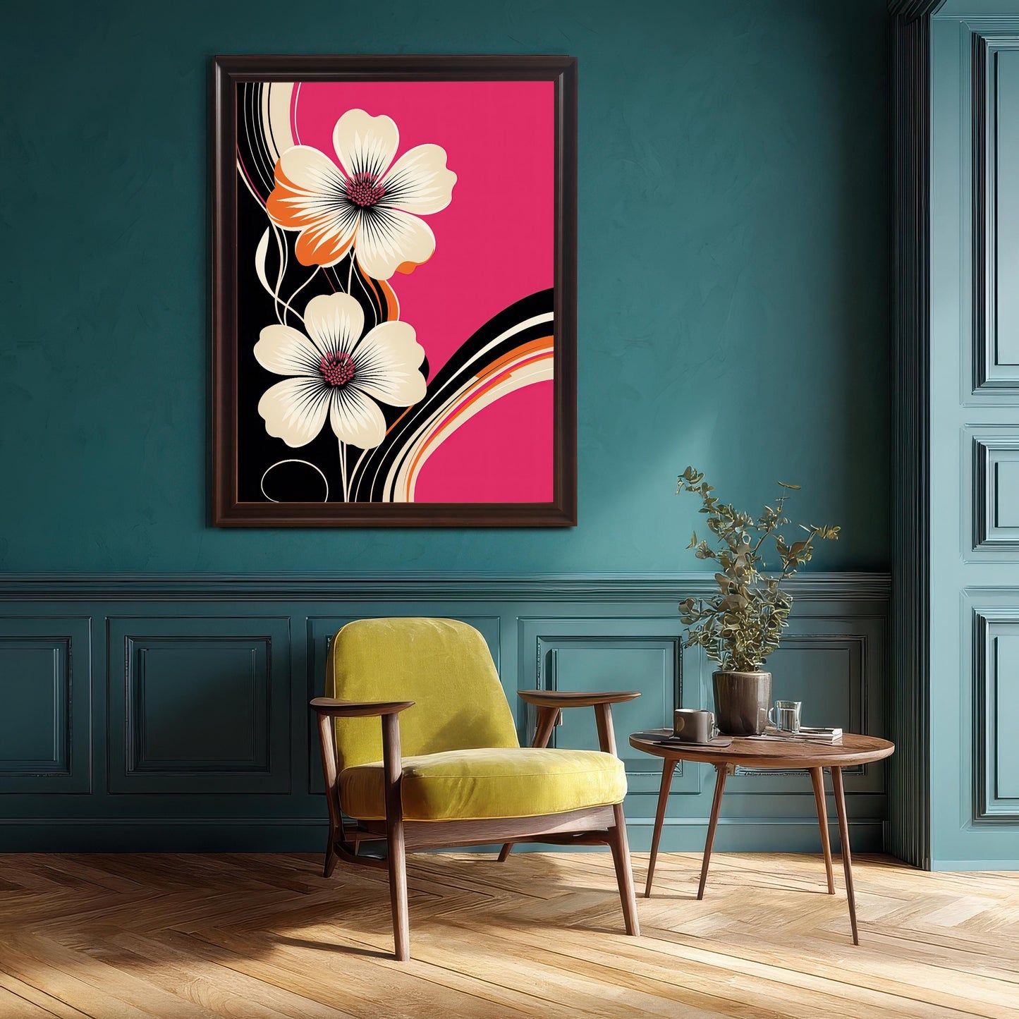 Abstract floral art print in a Coffee/Dark Wood frame hanging on a rich, deep teal wall above a retro chartreuse green armchair. The bold print contrasts sharply with the jewel-toned wall.