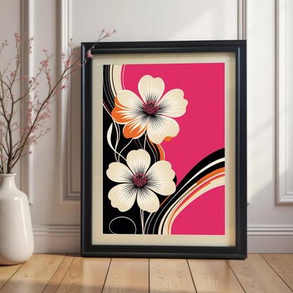 Styled image of the Black framed abstract floral art print with a mount/mat, propped against a white panelled wall and wooden floor. The print features stylized ivory and orange flowers on a bold fuchsia pink background.