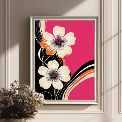 Styled image of the White framed pink floral art print, hanging on a white panelled wall next to a pot of dried flowers in warm sunlight.