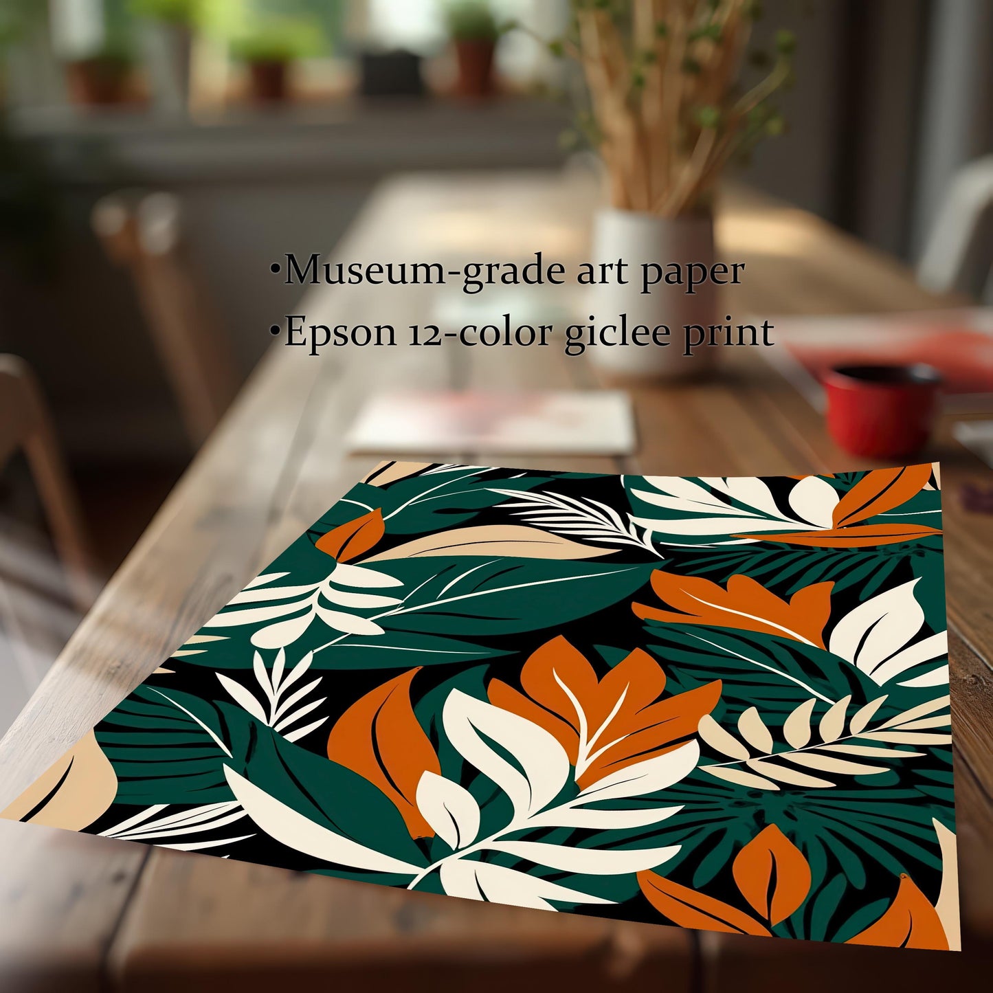 Detail shot of the tropical leaf art print, emphasizing the paper quality and print details: Museum-grade art paper and Epson 12-color giclee print.