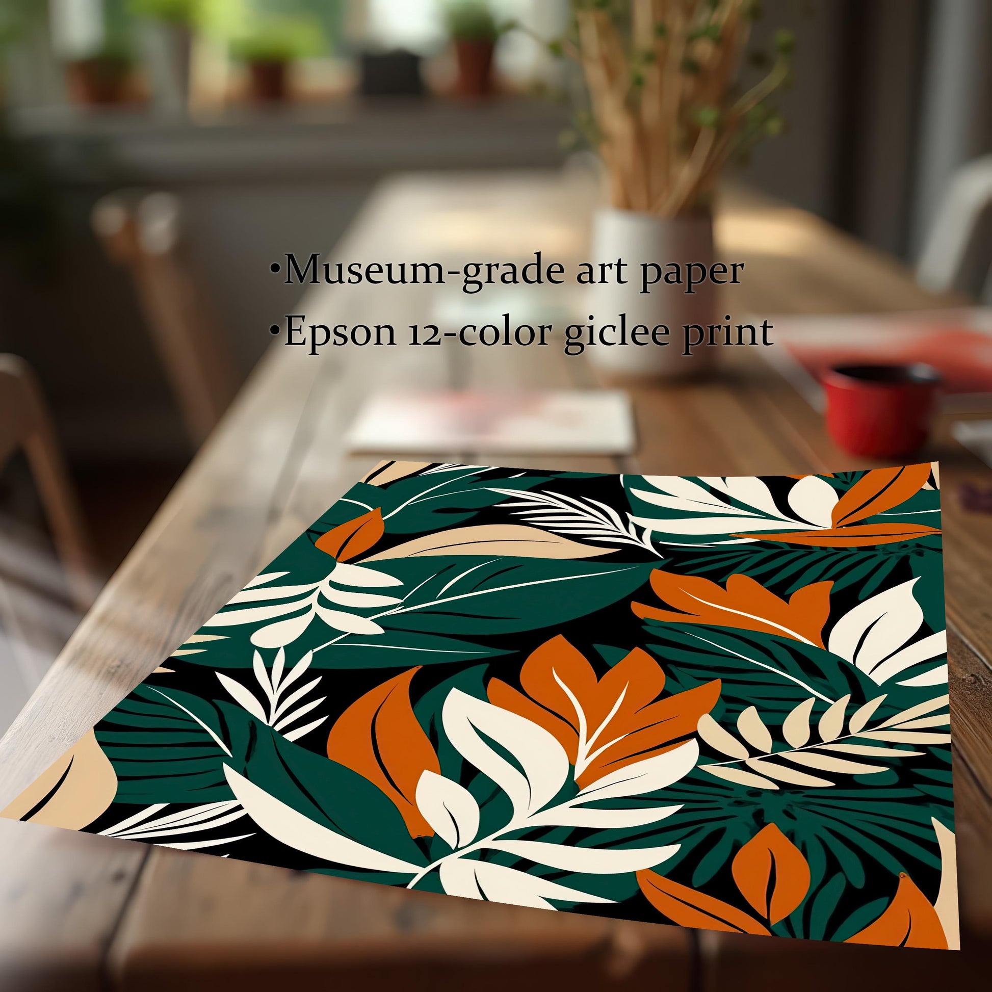 Detail shot of the tropical leaf art print, emphasizing the paper quality and print details: Museum-grade art paper and Epson 12-color giclee print.
