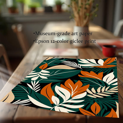Detail shot of the tropical leaf art print, emphasizing the paper quality and print details: Museum-grade art paper and Epson 12-color giclee print.