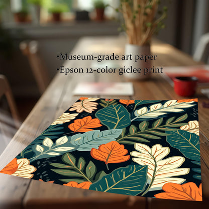 Close-up of the unframed Premium Paper Print with the dark botanical pattern. Text overlay: ""Museum-grade art paper,"" ""Epson 12-color giclee print.""