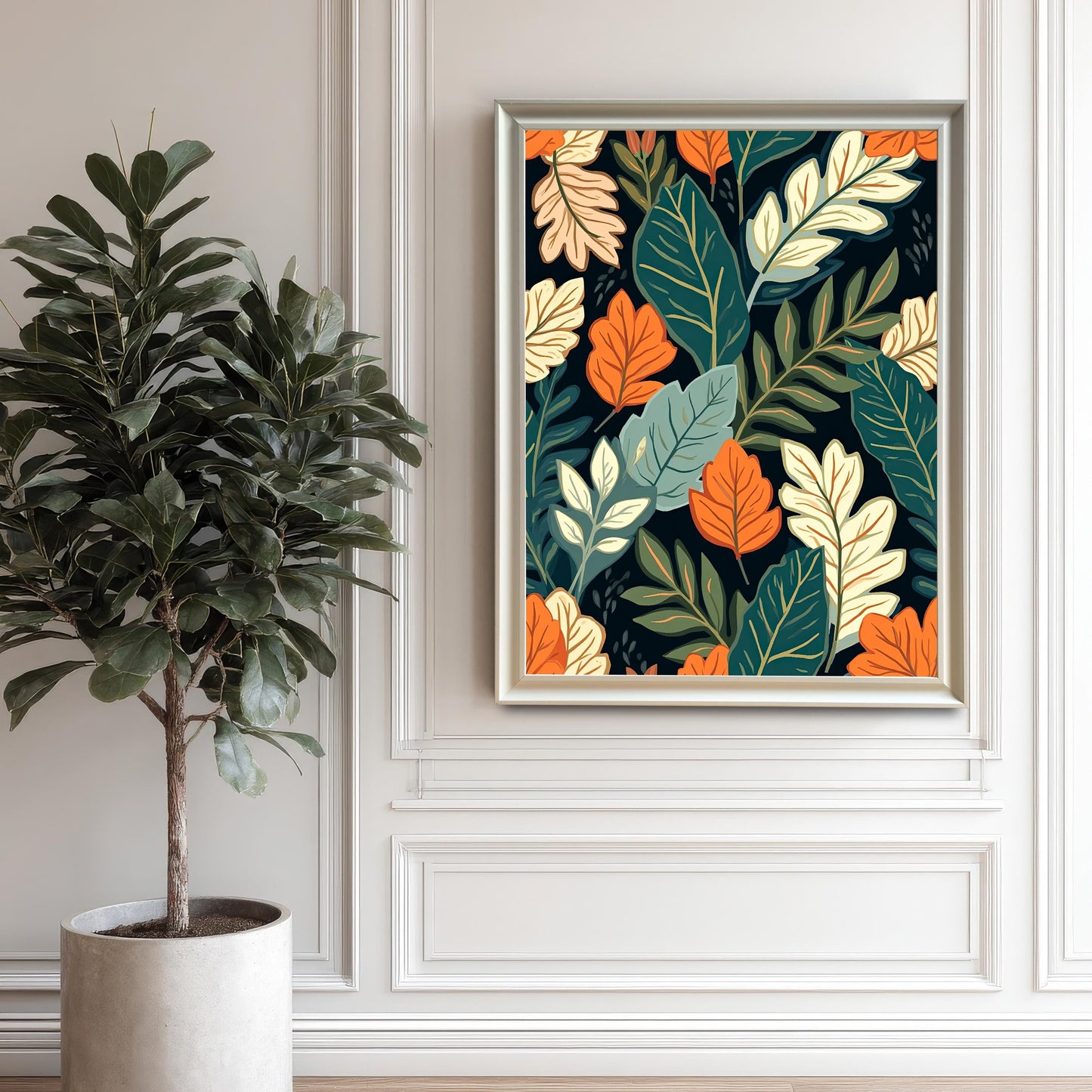 Styled photo of the dark botanical art print hanging in a White Frame on a white wall with decorative wall molding. A large potted fiddle-leaf fig or similar houseplant stands to the left.