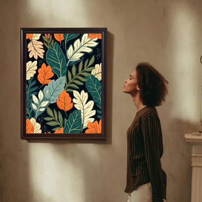 A woman with curly hair looks up at the dark botanical art print hanging in a Coffee/Dark Wood Frame on a beige wall, showcasing the print in a gallery-style setting.