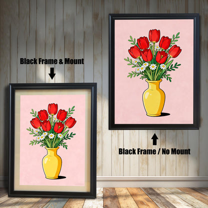 Close-up view of the tulip wall art framed in Black. Two options are shown: on the left, a Black Frame & Mount (with a white border/mat) and on the right, a Black Frame / No Mount (edge-to-edge print). The art features red tulips and daisies in a yellow vase on a pink background.