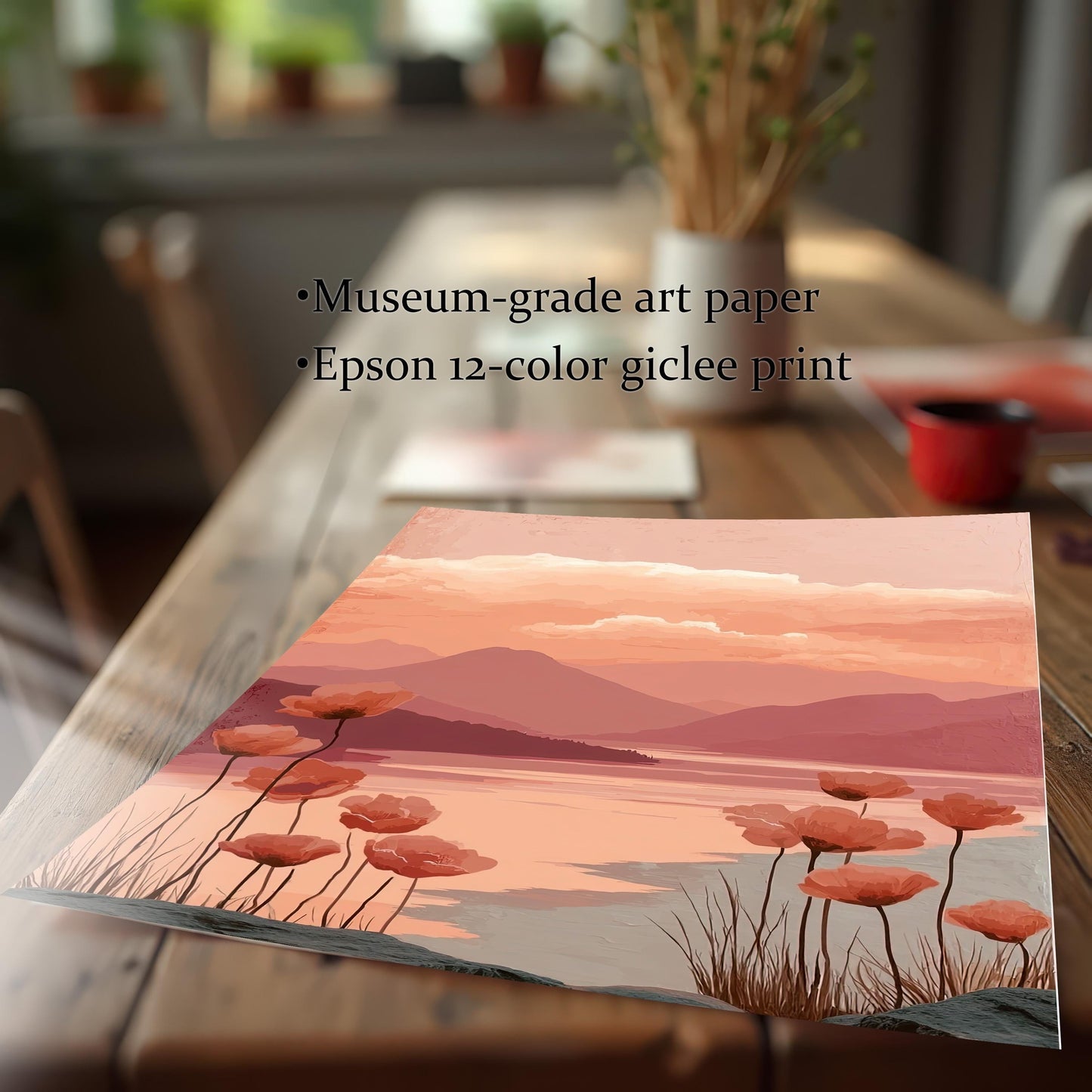 A close-up view of the poppy landscape art print lying on a wooden table to highlight the print quality. Text notes: Museum-grade art paper and Epson 12-color giclee print.