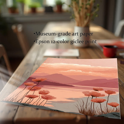 A close-up view of the poppy landscape art print lying on a wooden table to highlight the print quality. Text notes: Museum-grade art paper and Epson 12-color giclee print.