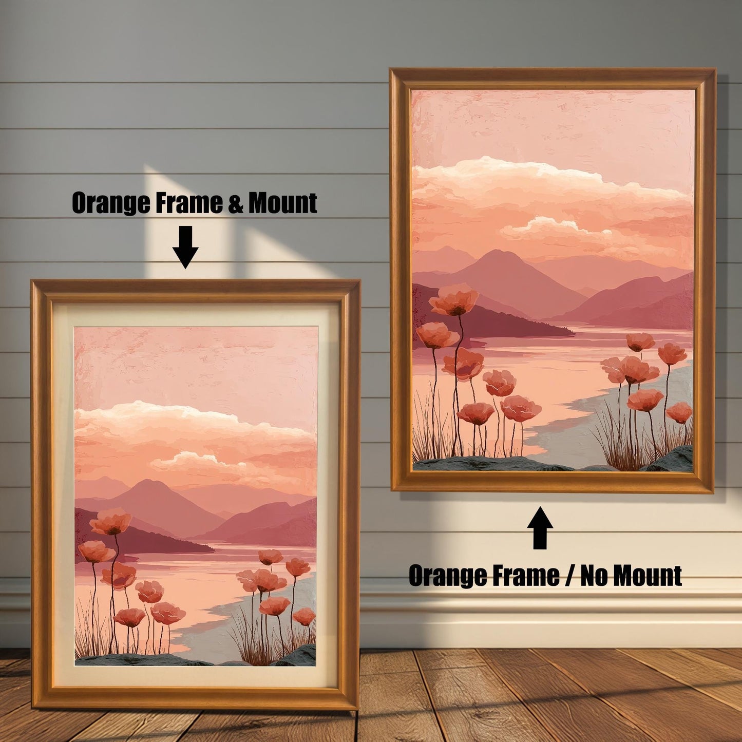 Two versions of the poppy landscape art print side-by-side, both with an Orange (light brown/wood-tone) frame. The print on the left is shown with an Orange Frame & Mount (matting), and the print on the right is shown with an Orange Frame / No Mount.
