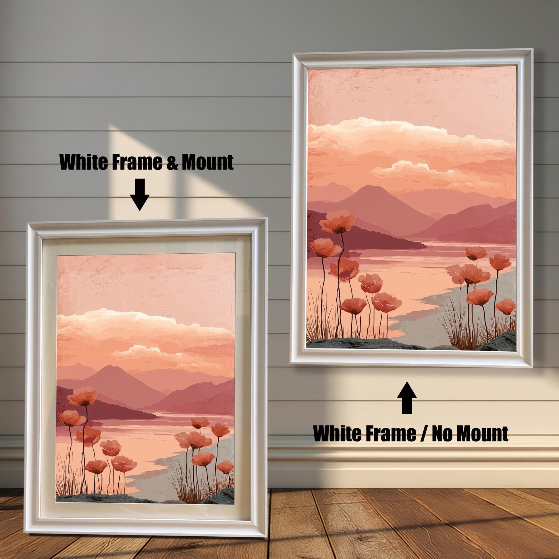 Two versions of the poppy landscape art print side-by-side, both with a white frame. The print on the left is shown with a White Frame & Mount (matting), and the print on the right is shown with a White Frame / No Mount.