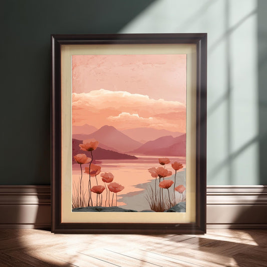 A framed art print of an abstract landscape featuring a lake, distant mountains, and foreground poppies, all rendered in shades of peach, orange, and mauve. The print has a dark brown frame and is leaning against a dark teal paneled wall on a wood floor with dramatic sunlight and shadow.