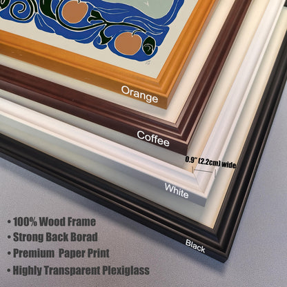 A close-up stack of four corner samples of the frame options: Orange, Coffee (brown), White, and Black. Frame details are listed: "100% Wood Frame," "Strong Back Board," "Premium Paper Print," and "Highly Transparent Plexiglass." The frame width is marked as 0.9" (2.2cm) wide.