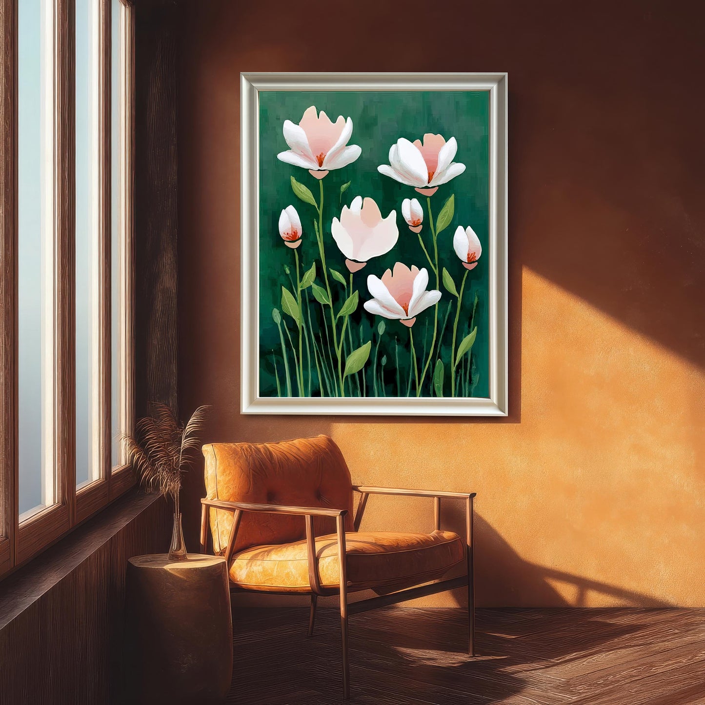 The framed floral print is in a thin white/silver frame, hanging on a textured orange wall in a room with a large wooden-framed window and a brown leather armchair.