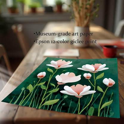 A close-up view of the unframed floral art print lying on a wooden table. Text overlay reads: "Museum-grade art paper" and "Epson 12-color giclee print."