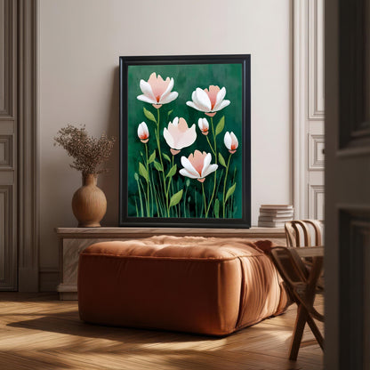 The abstract floral print is in a black frame, leaning against a pale mantlepiece above a large, square, burnt-orange leather ottoman in a sunlit, elegant room.