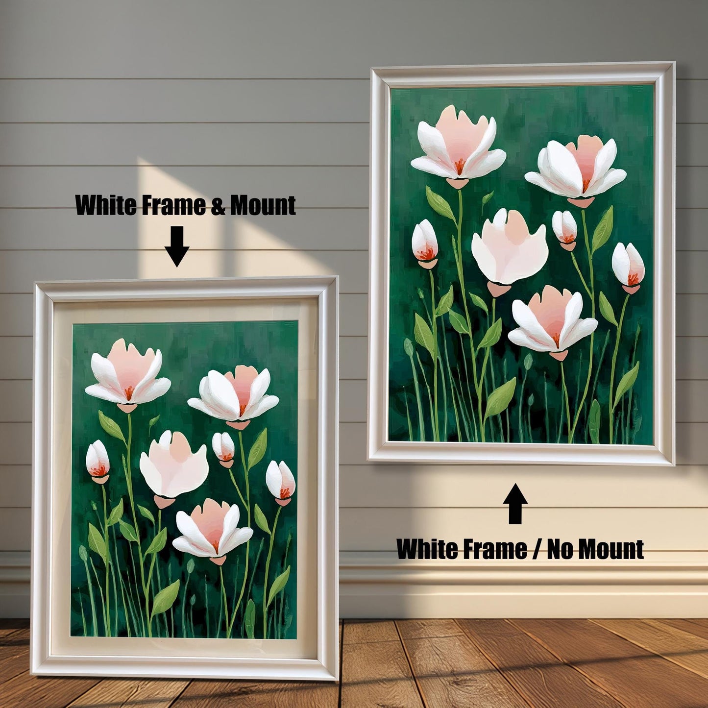 Two framed prints of the abstract floral art against a white wooden plank wall. The print on the left is a White Frame & Mount, featuring a white border around the artwork. The print on the right is a White Frame / No Mount, where the print extends to the edges of the white frame.