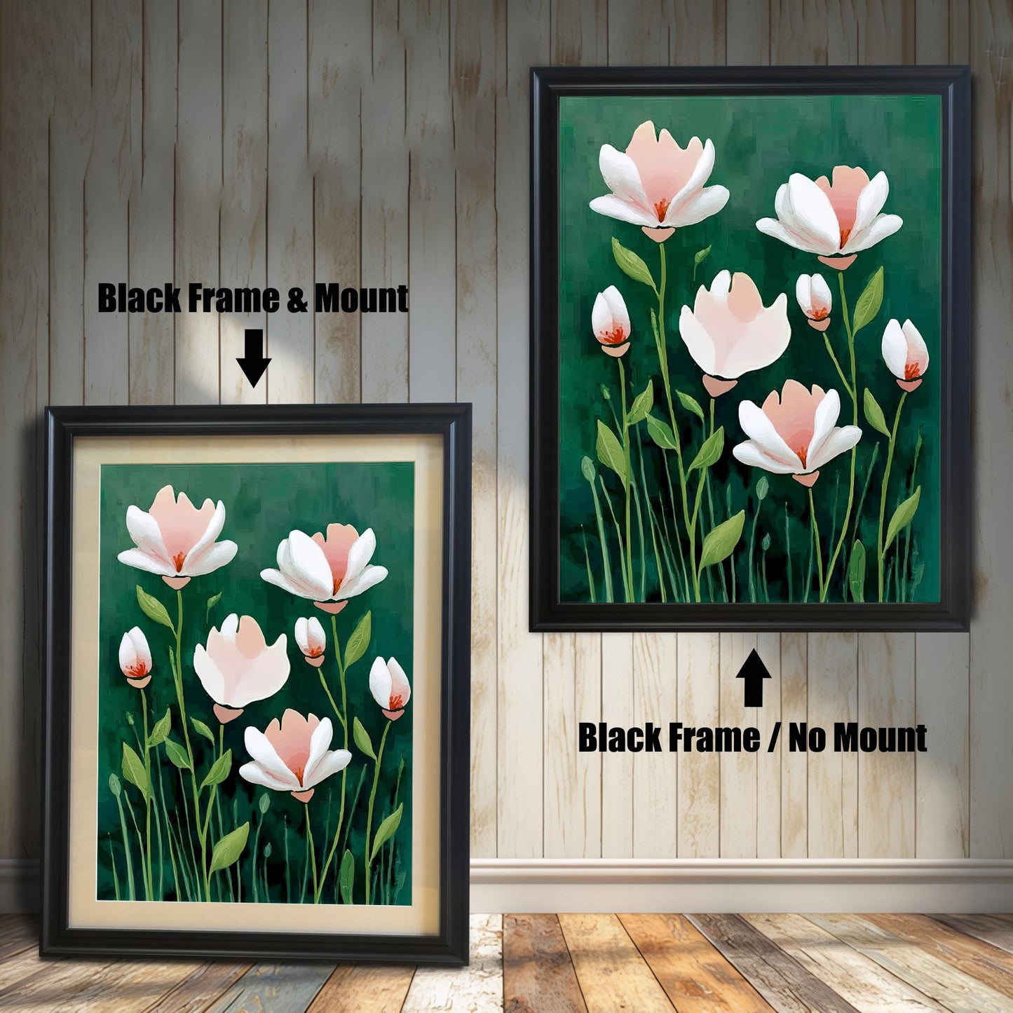 Two framed prints of the floral artwork against a wooden plank wall. The print on the left is a Black Frame & Mount, showing a border around the art. The print on the right is a Black Frame / No Mount.
