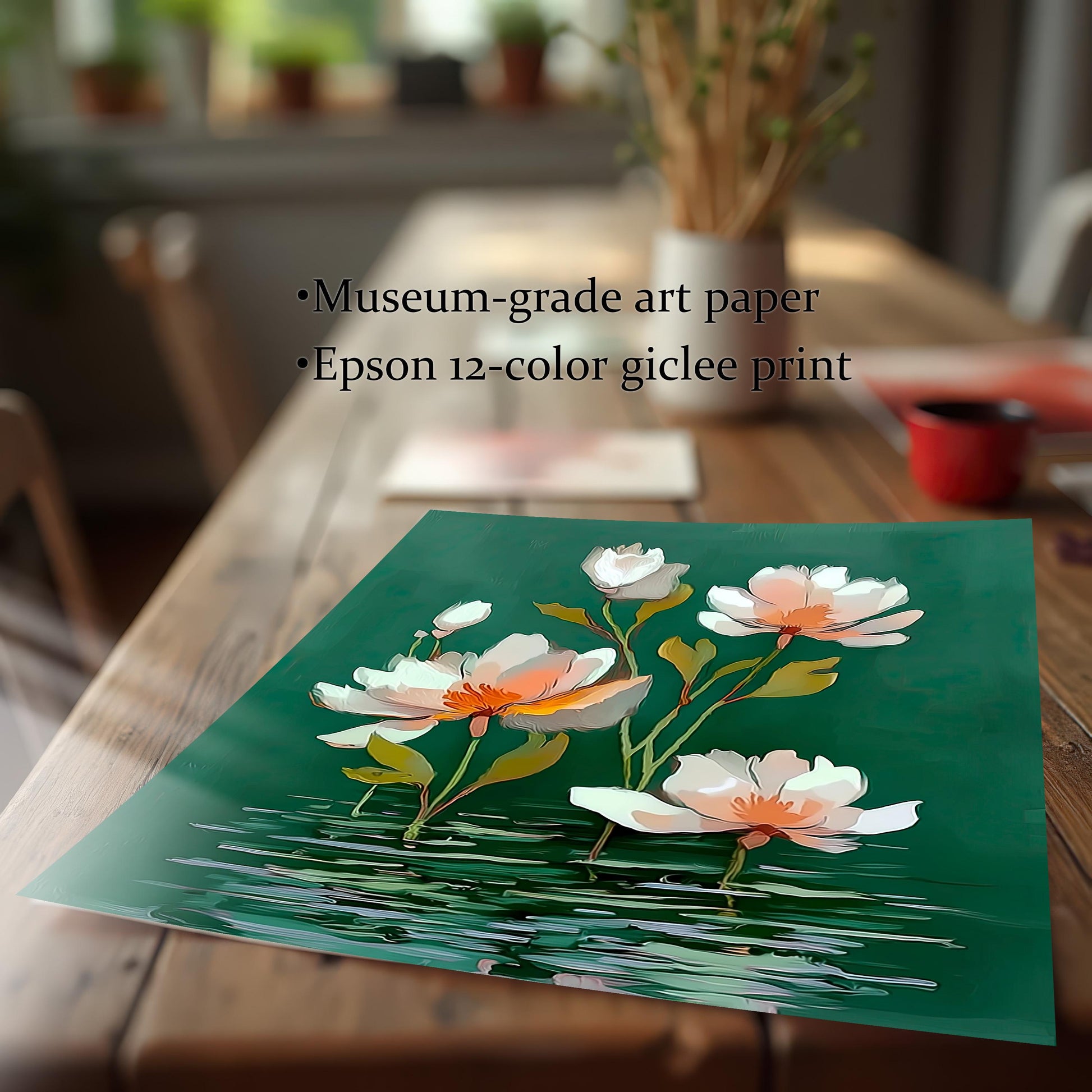 Close-up of an unframed print of the water lily artwork lying on a wooden table. Text overlay reads: "Museum-grade art paper" and "Epson 12-color giclee print," highlighting the quality of the print materials.