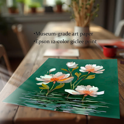 Close-up of an unframed print of the water lily artwork lying on a wooden table. Text overlay reads: "Museum-grade art paper" and "Epson 12-color giclee print," highlighting the quality of the print materials.