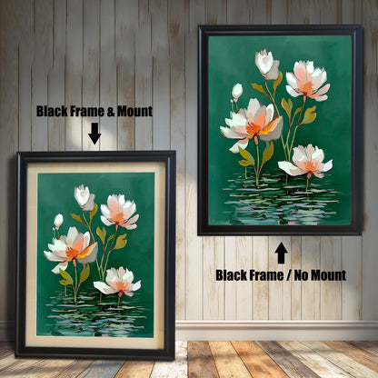 Abstract watercolor-style painting of white and pale orange water lilies on a dark green background. The image shows two framed options: one on the left with a Black Frame & Mount (matting), and one on the right with a Black Frame / No Mount. Both are displayed against a wooden wall and a wooden floor.