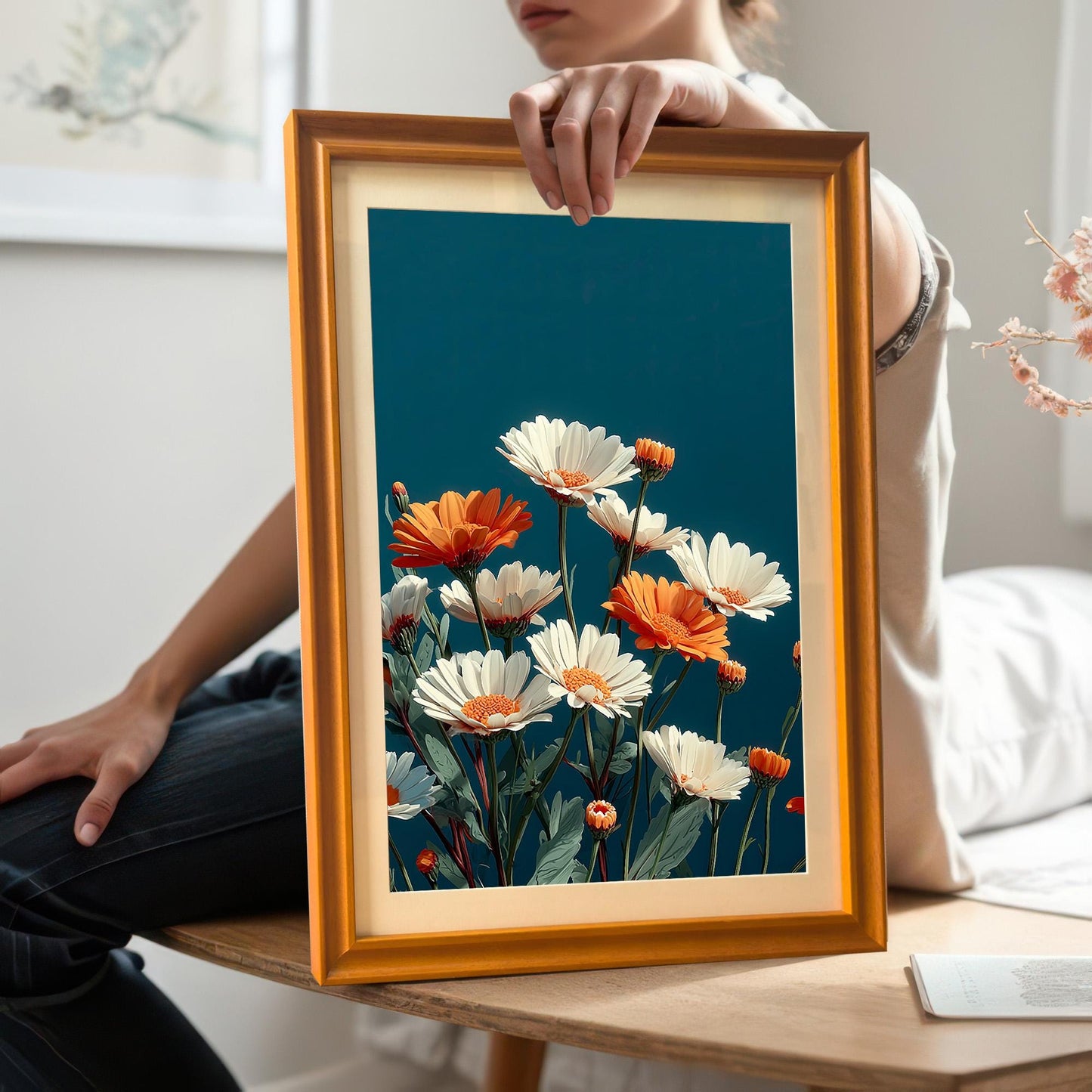 A person is holding the framed abstract daisy print in a Gold/Orange frame with a mount (matting) at chest level, showcasing the artwork's scale. The person is sitting on a wooden bench, wearing a white shirt and dark jeans.