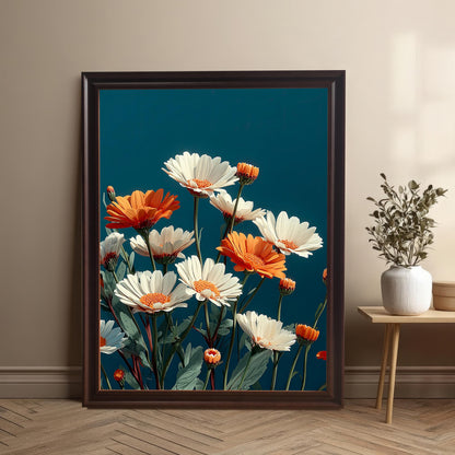 Framed abstract painting of white and orange daisies in a Dark Brown/Coffee frame, leaning on a wooden floor against a tan wall next to a small wooden side table with a white vase and dried plant.