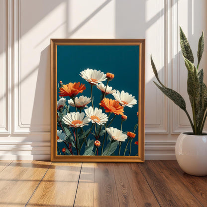 Framed abstract painting of white and orange daisies in an Orange/Gold frame leaning against a white wainscoting wall next to a tall potted snake plant on a wooden floor, with sunlight casting sharp shadows.