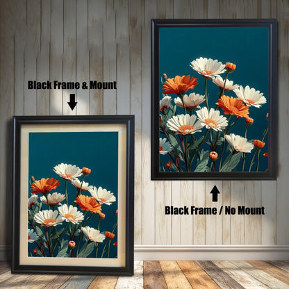 Abstract painting of white and orange daisies on a dark teal background. The image shows two framed options: one on the left with a Black Frame & Mount (matting), and one on the right with a Black Frame / No Mount. Both are displayed against a wooden wall and a wooden floor.