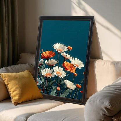Close-up, angled view of the framed abstract daisy print. The print is in a Black frame and is leaning on a beige sofa next to a yellow pillow, with dramatic sunlight shining in from the side.