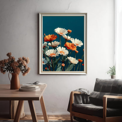 Framed abstract painting of white and orange daisies in a Light Gold/Silver frame hanging on a gray textured wall above a wooden table and a dark leather armchair, in a brightly lit room.