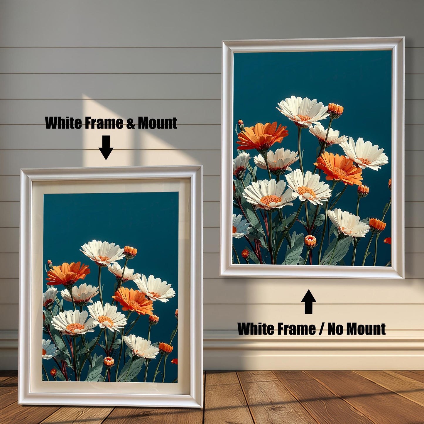 Abstract painting of white and orange daisies on a dark teal background. The image shows two framed options: one on the left with a White Frame & Mount (matting), and one on the right with a White Frame / No Mount. Both are displayed against a white wood-paneled wall and a wooden floor.