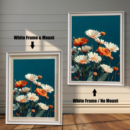 Abstract painting of white and orange daisies on a dark teal background. The image shows two framed options: one on the left with a White Frame & Mount (matting), and one on the right with a White Frame / No Mount. Both are displayed against a white wood-paneled wall and a wooden floor.
