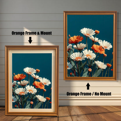 Abstract painting of white and orange daisies on a dark teal background. The image shows two framed options: one on the left with an Orange Frame & Mount (matting), and one on the right with an Orange Frame / No Mount. Both are displayed against a white wood-paneled wall and a wooden floor.