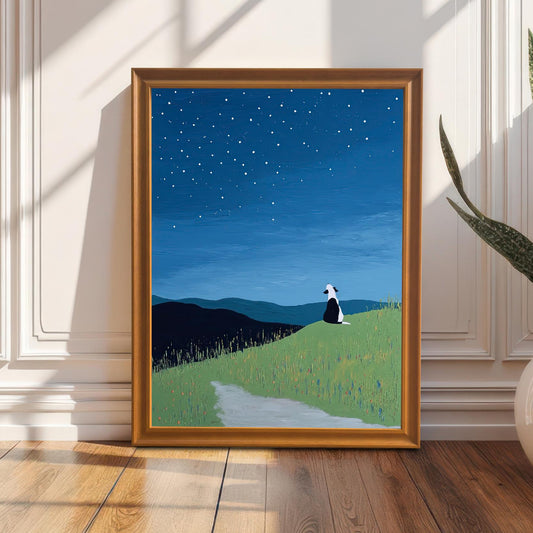 Framed stylized painting of a dog on a hill under a starry sky, in an Orange/Gold frame leaning against a white wainscoting wall next to a tall potted snake plant on a wooden floor, with sunlight casting sharp shadows.