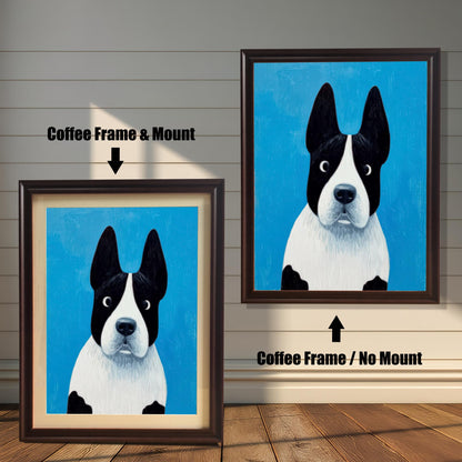 Painting of the black and white dog on a blue background. The image shows two framed options: one on the left with a Coffee Frame & Mount (matting), and one on the right with a Coffee Frame / No Mount. Both are displayed against a white wood-paneled wall and a wooden floor.