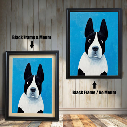 Painting of the black and white dog on a blue background. The image shows two framed options: one on the left with a Black Frame & Mount (matting), and one on the right with a Black Frame / No Mount. Both are displayed against a vertical wooden plank wall and a wooden floor.
