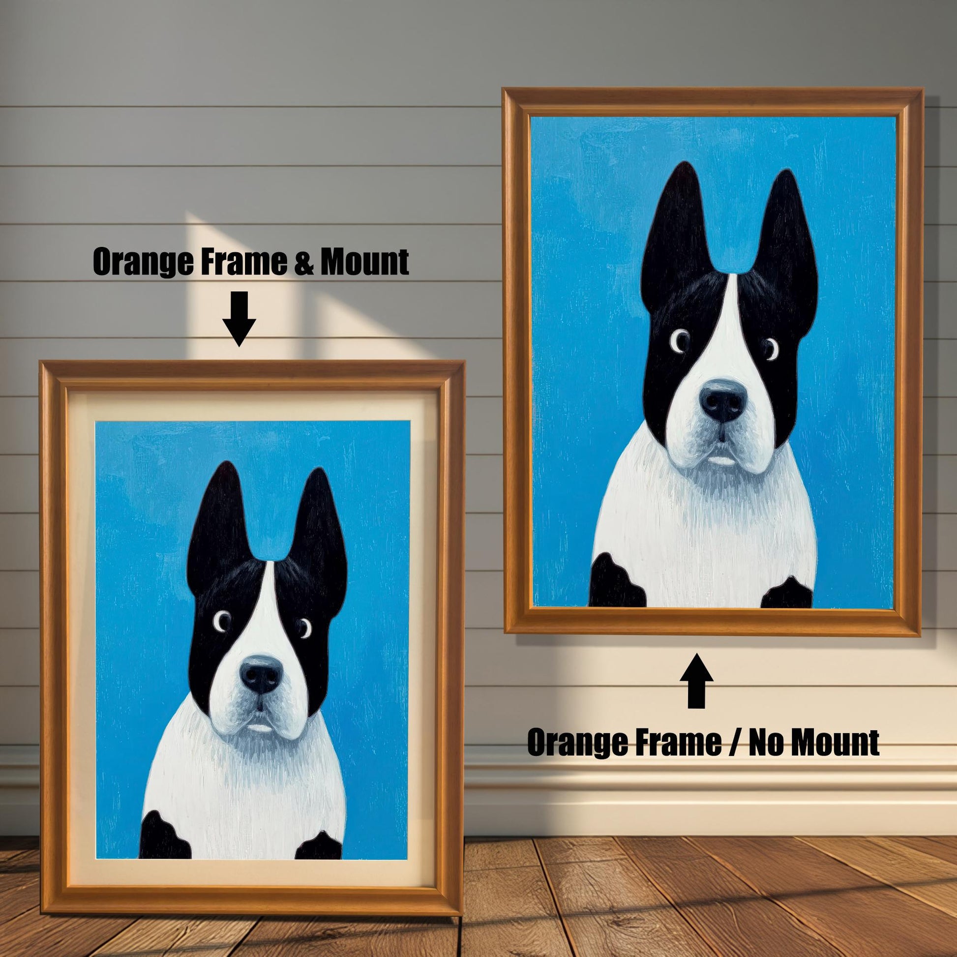 Painting of the black and white dog on a blue background. The image shows two framed options: one on the left with an Orange Frame & Mount (matting), and one on the right with an Orange Frame / No Mount. Both are displayed against a white wood-paneled wall and a wooden floor.