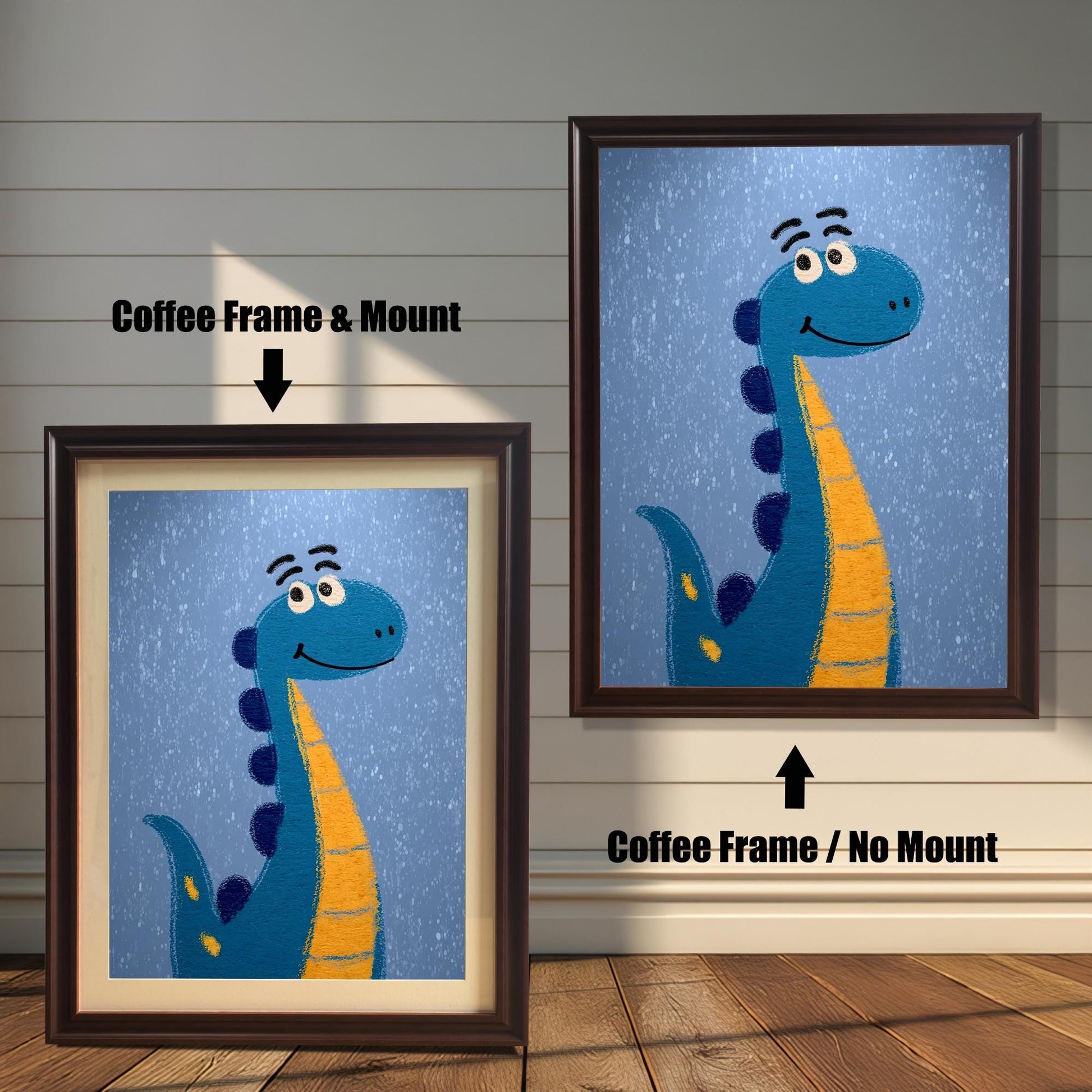 Comparison photo showing the dinosaur art print in coffee (dark brown) frames with and without a light-colored mat (mount). Arrows indicate "Coffee Frame & Mount" (left) and "Coffee Frame / No Mount" (right).