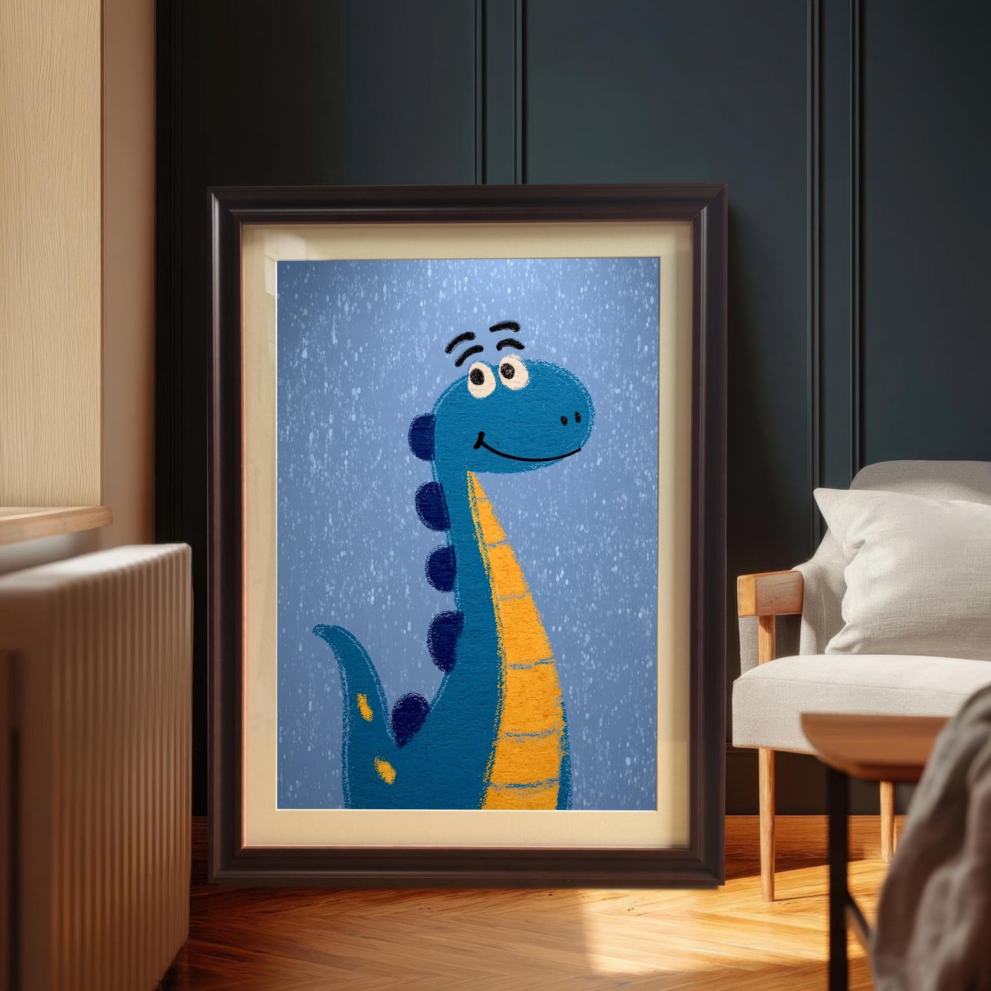 Close-up of the framed dinosaur art print leaning on a wooden floor against a dark blue-gray wall. The print is in a coffee (dark brown) frame. A white radiator and a chair with a white cushion are partially visible.
