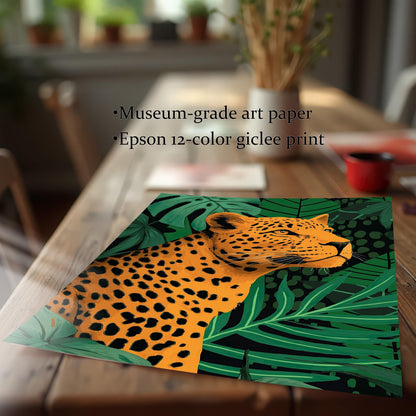 Close-up of the unframed print of the orange and black leopard resting in dark green jungle foliage, lying flat on a wooden table. Text overlays read: "Museum-grade art paper" and "Epson 12-color giclee print."