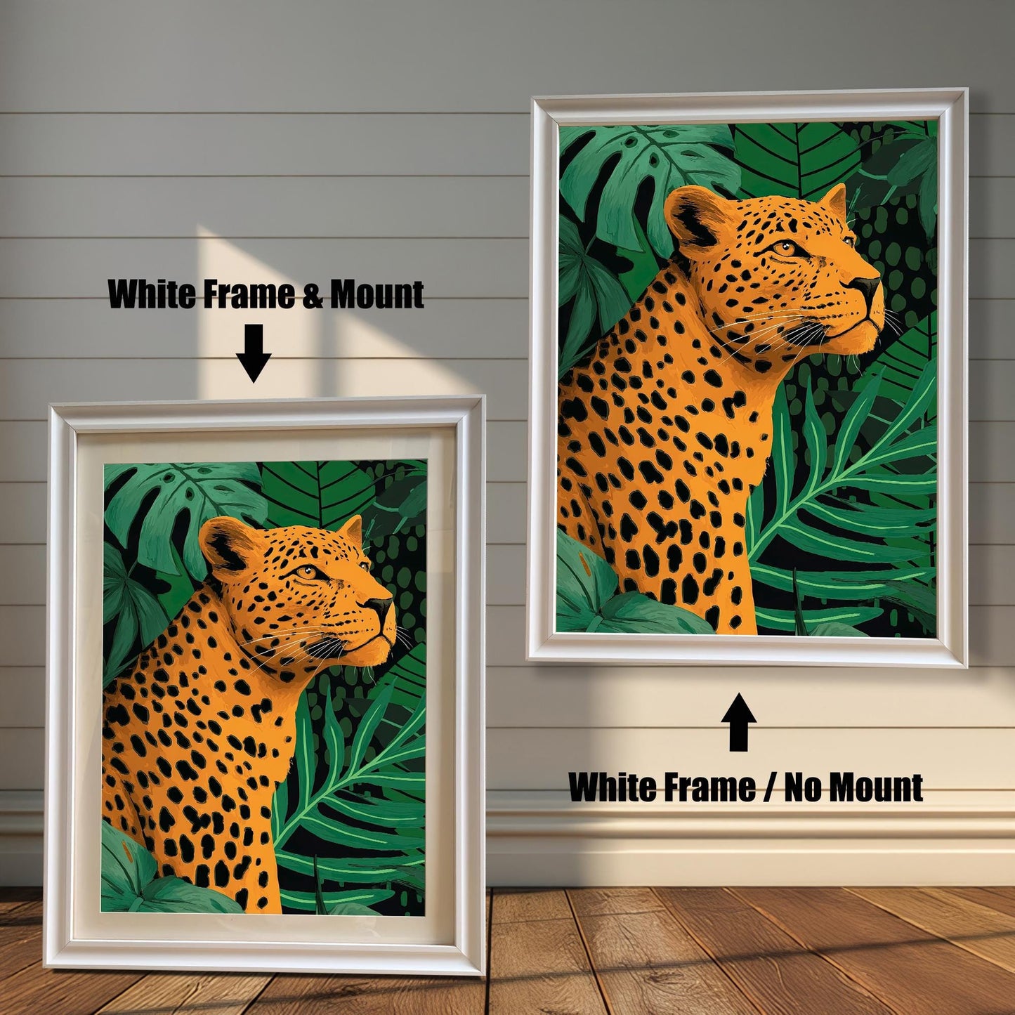 Comparison photo showing the leopard print in white frames with and without a light-colored mat (mount). Arrows indicate "White Frame & Mount" (left) and "White Frame / No Mount" (right).